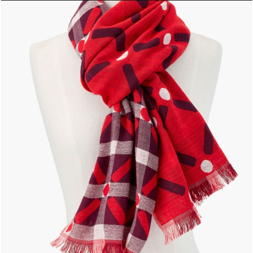 TALBOTS Scarf Womens sz 27" x 72" Lattice Dot Ivory Red Multi Fringe $79.50 NEW